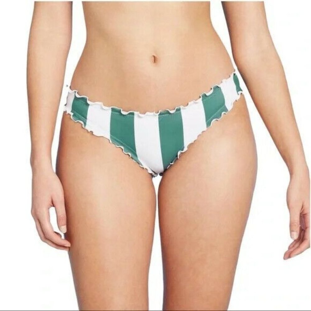 NWT Shade & Shore Women's Ruffle Stripe Cheeky Bikini Bottom, Green, XS (0-2)